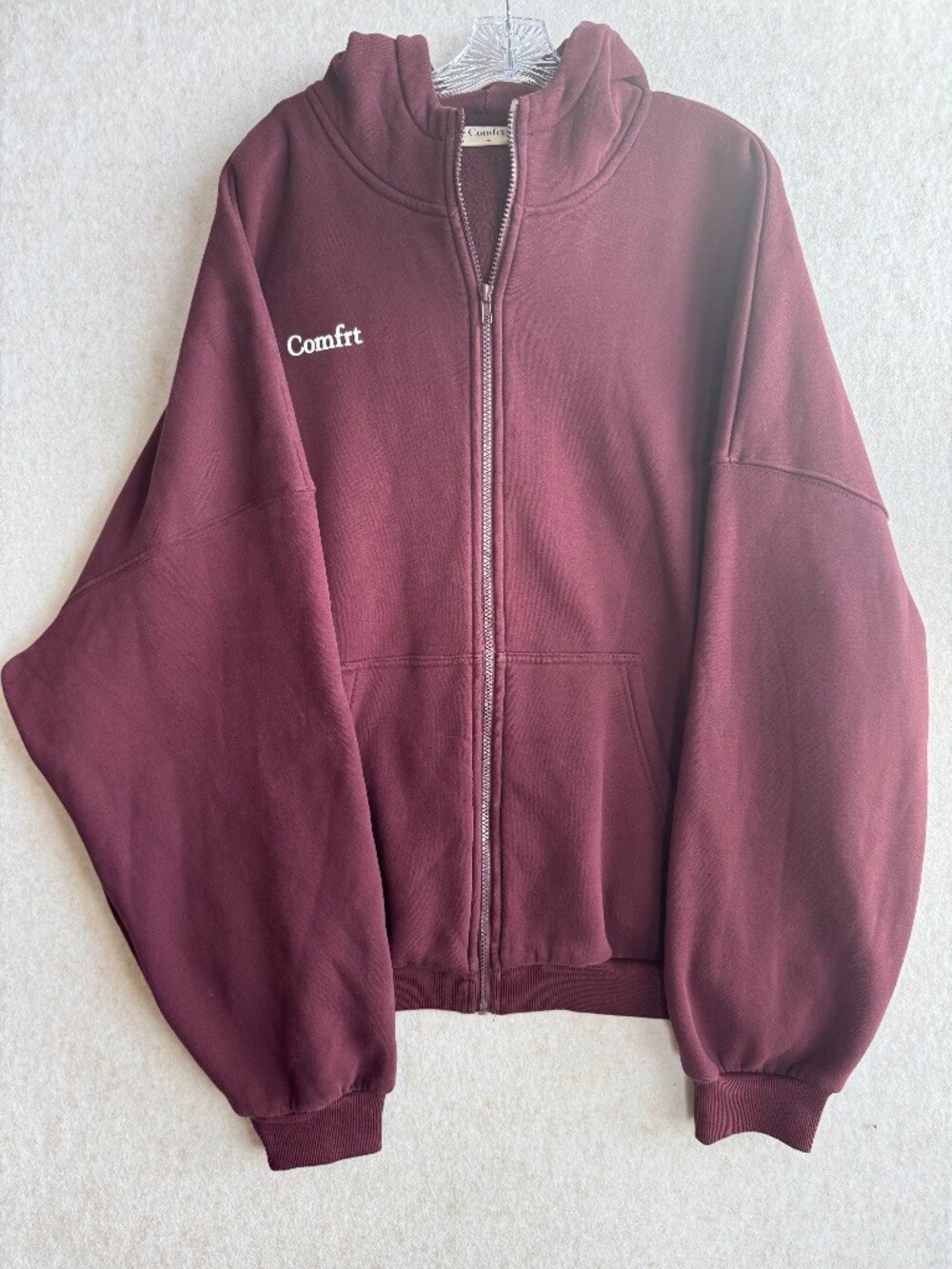 Comfrt Full Zip Hoodie Jacket Burgundy Maroon Oversized Sherpa Lined Mens XL